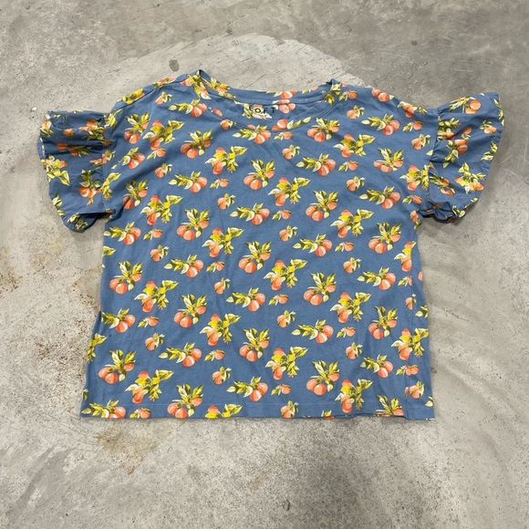 LOFT Womens Ruffle Sleeve Oranges Blue Crewneck tshirt Size Large - Picture 1 of 5